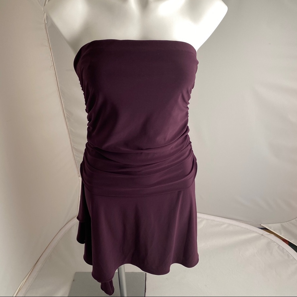 Guess Marciano plum purple strapless ruched asymmetrical side ruffle dress